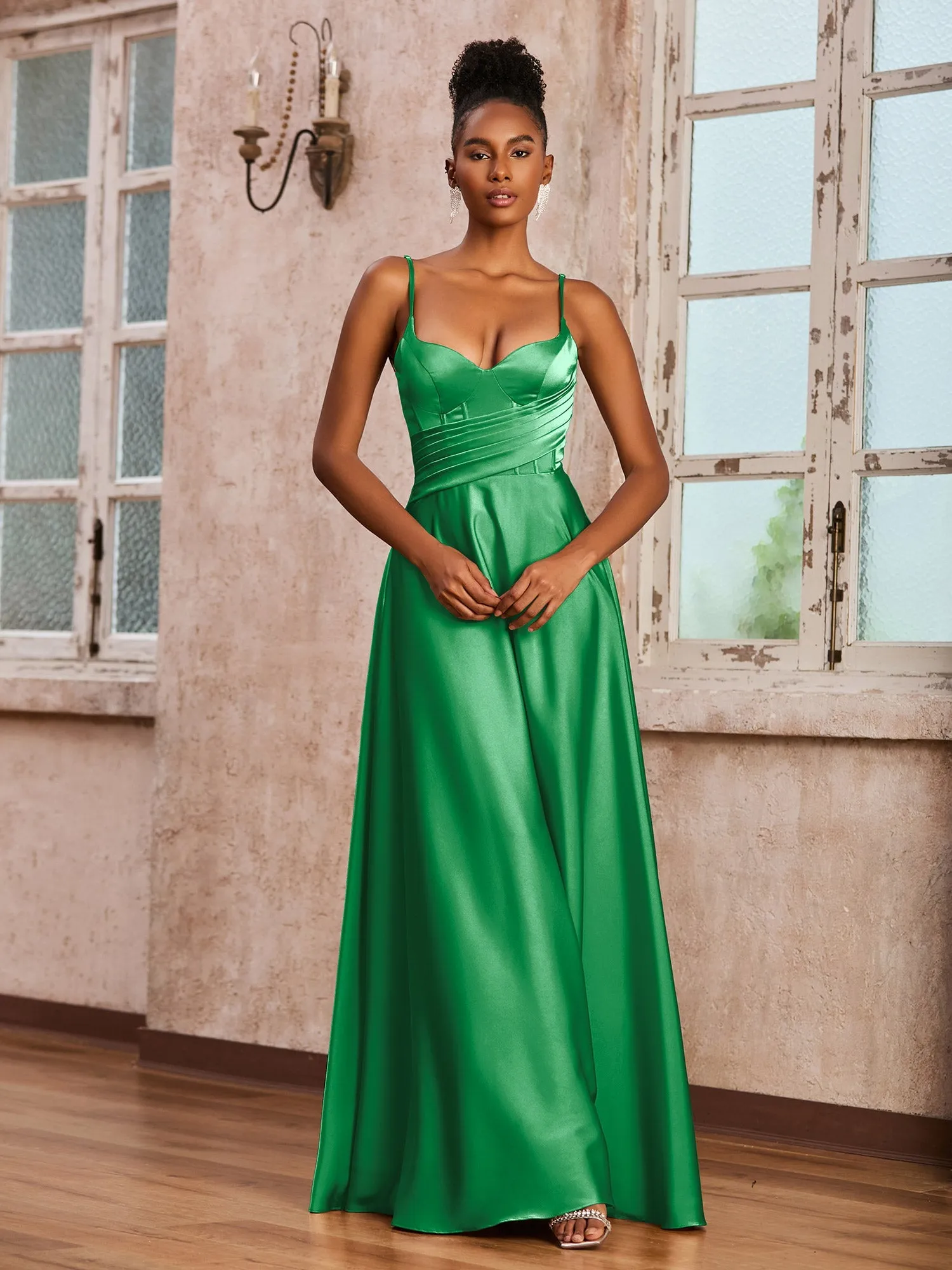 Korsett Oberteil Plissee Stretch-Satin Kleid Smaragd